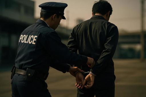犯人役に手錠をかける警察官 犯人役に手錠をかける警察官の写真