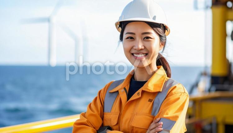 風力発電所で笑顔の作業服を着た若い女性 人物,女性,作業服の写真素材