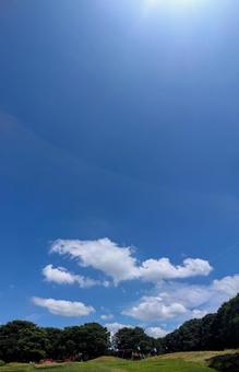 夏の青空と白い雲：広がる公園の風景 青空,雲,空の写真素材