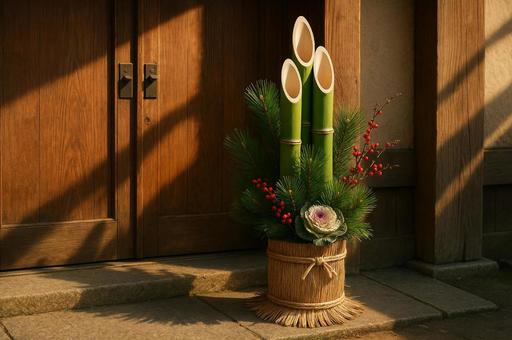 木の扉の前の伝統的な門松の正月飾り 木の扉の前の伝統的な門松の正月飾りの写真