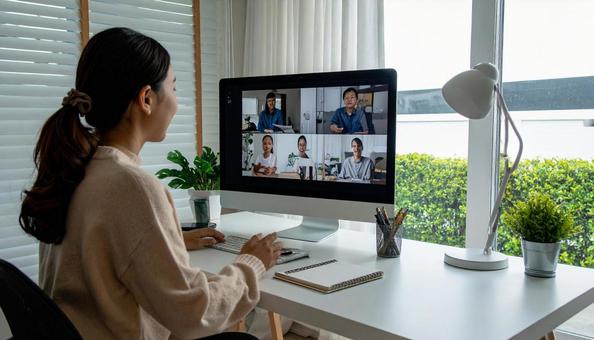 テレワークで打ち合わせする女性 テレワークで打ち合わせする女性の写真