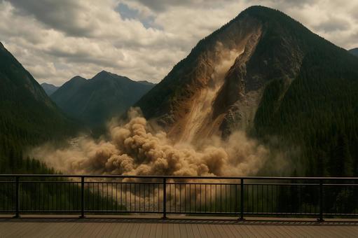 山体崩壊の土煙 山体崩壊の土煙の写真