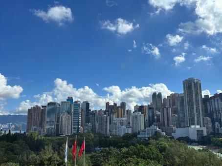 青空と白い雲に映える高層ビル群の街並みの写真
