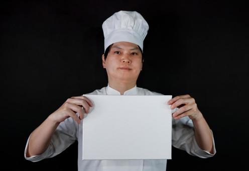 シェフと白いボード シェフ,料理人,白い服の写真素材