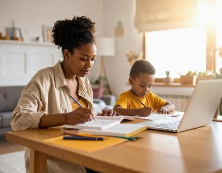 勉強する親子の写真