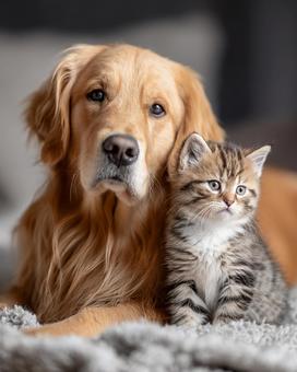 寄り添う猫と犬 寄り添う猫と犬の写真