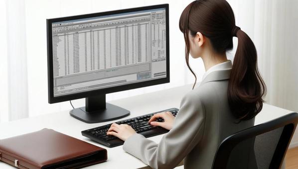 A woman working with spreadsheet software on a computer, remote work, spreadsheet software, statistics, JPG