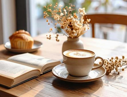 コーヒーとデザートを並べたカフェ風シーンの写真