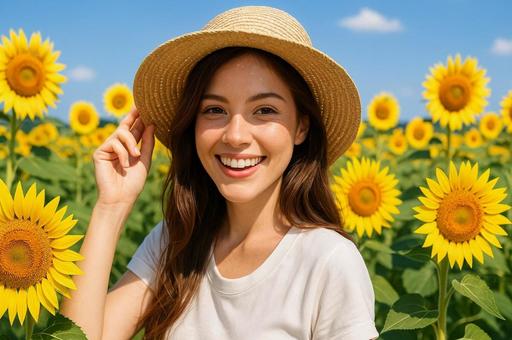 ひまわり畑で麦わら帽子をかぶった笑顔女性の写真
