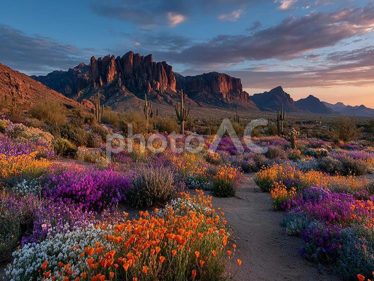 山々を背景に、鮮やかな花畑が広がる絶景 自然,風景,砂漠の写真素材