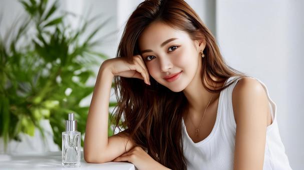 美容液と女性モデルによるスキンケア広告 美容液と女性モデルによるスキンケア広告の写真