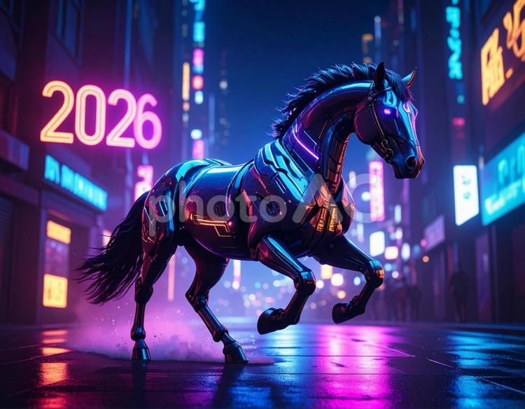 2026年サイバーネオン風な馬の年賀素材 年賀,馬,ネオンの写真素材