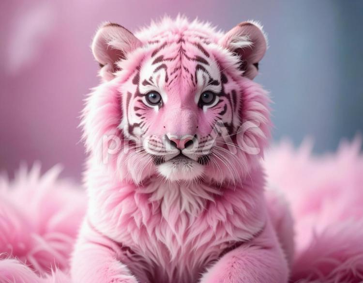 ピンクの毛のガーリーなかわいいトラ トラ,寅,こどもの写真素材