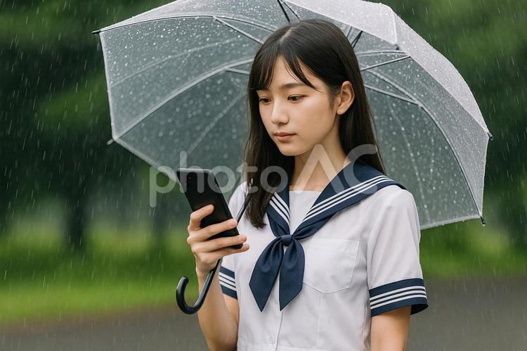 雨の中でスマホを見る女性 女性,雨,傘の写真素材