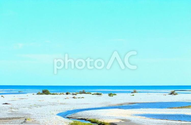 駿河湾に流れる大井川の水 水平線,海,川の写真素材