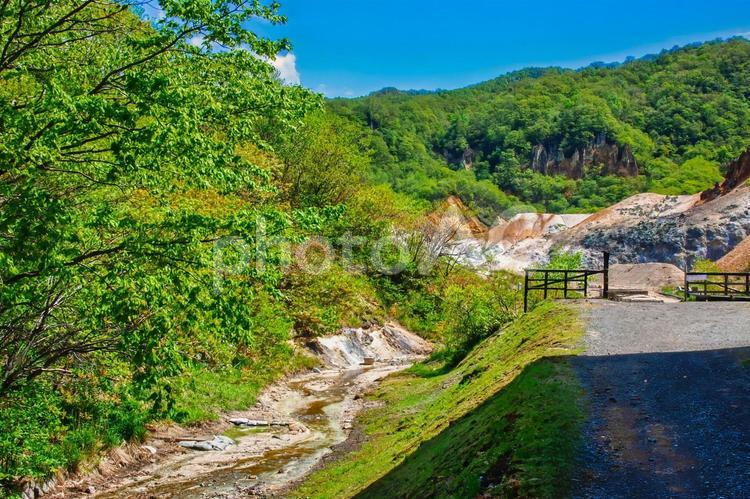 初夏の登別地獄谷、硫黄の谷を望む 登別,地獄谷,北海道の写真素材