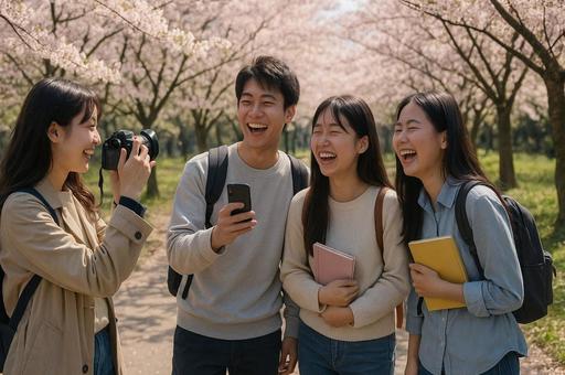 桜並木で笑顔の学生たち 桜並木で笑顔の学生たちの写真
