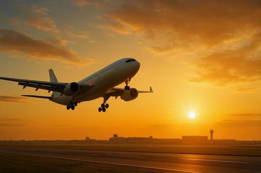 飛行機-夕日バックの離着陸シーン 飛行機-夕日バックの離着陸シーンの写真