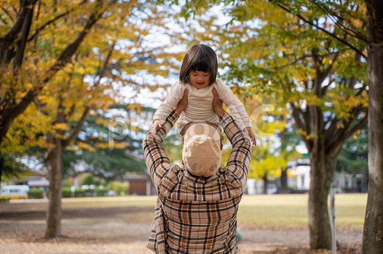 秋の公園で遊ぶ父親と子供 親子,子供,キッズの写真素材