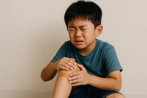 膝を擦りむいて痛がる男の子 膝を擦りむいて痛がる男の子の写真