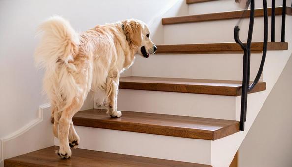 階段を駆けあがる犬の写真