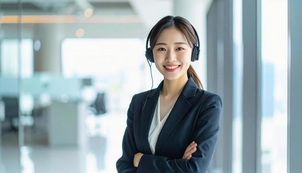 ヘッドセットの女性が顧客対応するシーンの写真