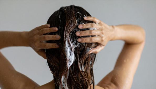 シャンプーで頭皮を洗う女性 シャンプーで頭皮を洗う女性の写真