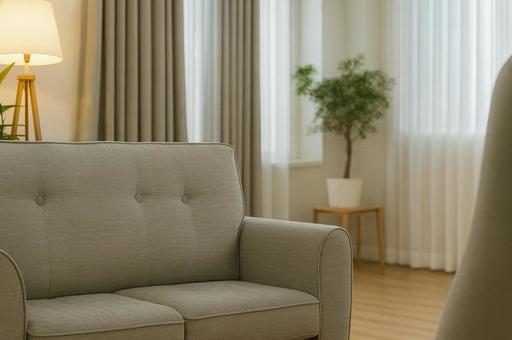 クッション付きのソファと照明の写真