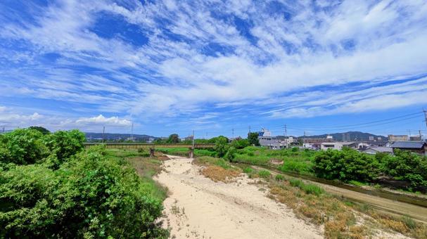 Photo, aosha river, imabari city, blue sky, 