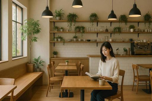 カフェの店内で本を読む女性 カフェの店内で本を読む女性の写真