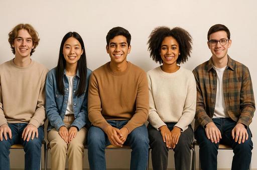 5人の学生が椅子に座り笑顔でカメラ目線 5人の学生が椅子に座り笑顔でカメラ目線の写真
