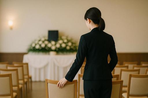 式場準備を進めるスタッフの後ろ姿 式場準備を進めるスタッフの後ろ姿の写真