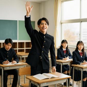 教室で立って手を挙げる男子学生の写真