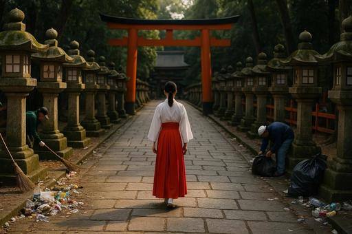 神社の鳥居と清掃作業 神社の鳥居と清掃作業の写真