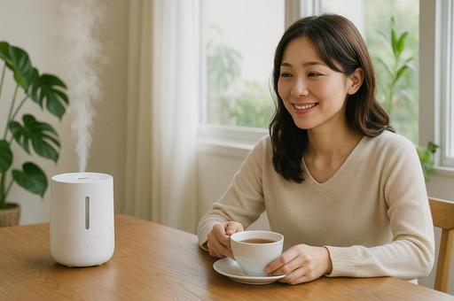 リビングでティータイムを楽しむ女性 リビングでティータイムを楽しむ女性の写真