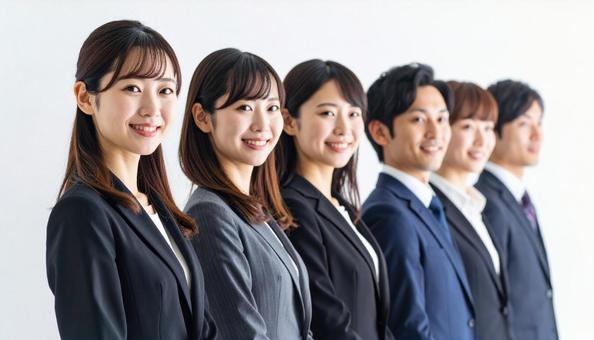 斜めの角度から見た整列する若い会社員 斜めの角度から見た整列する若い会社員の写真