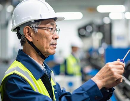 工場で機械を組み立てるベテラン作業員 工場で機械を組み立てるベテラン作業員の写真