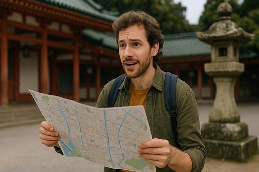 地図を手に迷う旅行者 地図を手に迷う旅行者の写真