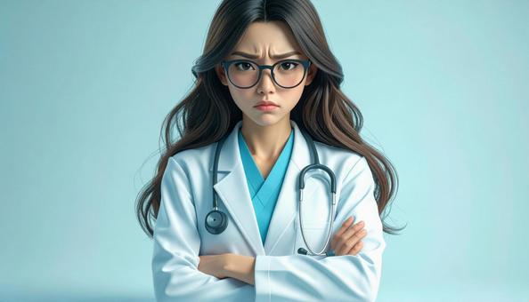 怒った表情の女性医師の写真