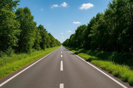 まっすぐ続く森林の道・ドライブ・静かな道の写真