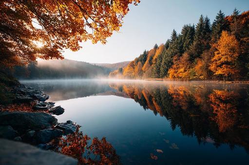湖面に映る幻想的な紅葉の写真