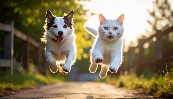 外で遊び飛び回る犬と猫の写真
