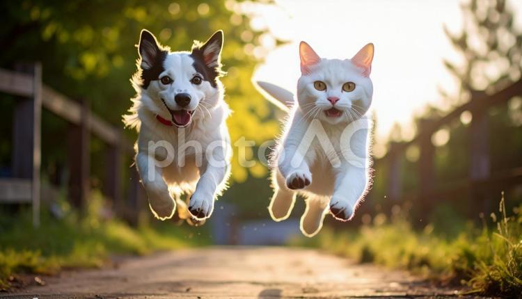 外で遊び飛び回る犬と猫 犬,ペット,猫の写真素材