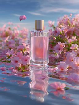 花々に囲まれた、透明なフレグランスボトルの写真