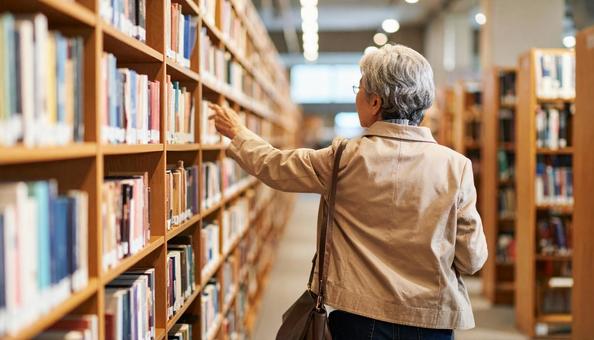 図書館で本を探しているシニア女性 図書館で本を探しているシニア女性の写真