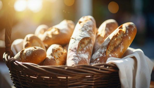 籠に入ったフランスパン 籠に入ったフランスパンの写真