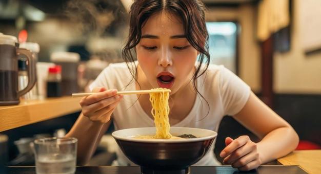 熱々ラーメンを食べる女性の飲食シーン 熱々ラーメンを食べる女性の飲食シーンの写真