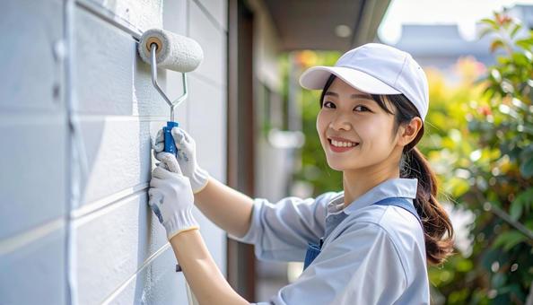 DIYで外壁塗装する女性 DIYで外壁塗装する女性の写真