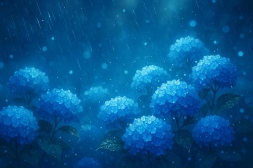 雨に濡れる幻想的な青い紫陽花の風景 雨に濡れる幻想的な青い紫陽花の風景の写真