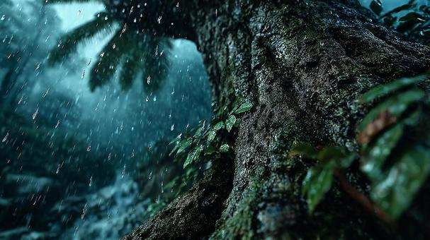 大自然の力強さ：雨に打たれる荘厳な木の写真